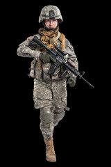 Male in US Army soldier uniform praying. Shot in studio. Isolated on black background