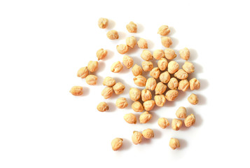 Small pile of chickpeas isolated on white background. Top view.
