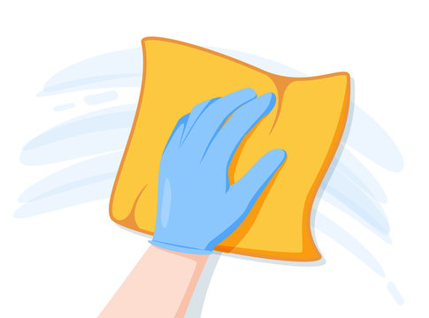 Cleaning napkin in the hands of a houseworker. Cleaning window. Wipe with a cloth, yellow microfiber, blue gloves.