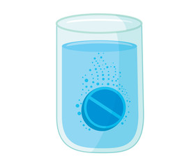Vector illustration of effervescent tablet, soluble pills falling in a glass with water with fizzy bubbles isolated on a black background. Illustration of an art clip, design element.