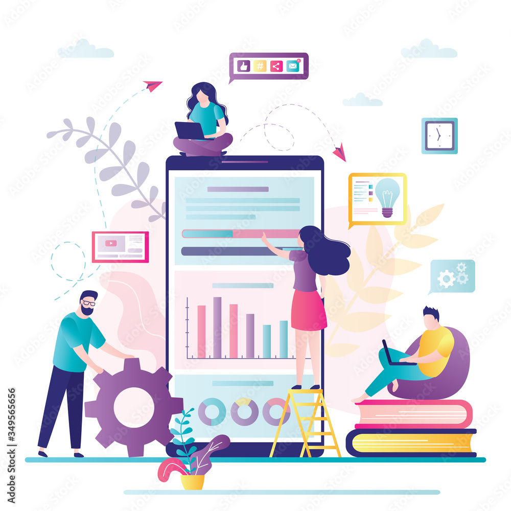 Poster mobile data analysis concept. management app, consulting process or business project. various web an