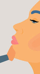 Makeup is applied to the face of a young girl. Painting lips with a brush.Abstract beautiful model portrait for cosmetic shop sale advertising, party, fashion show poster, bag or t shirt print etc.