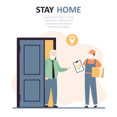 Grandfather on self-isolation receives an online purchase. Delivery man with box and elderly man client.