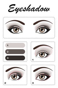 Eye makeup. Step by step, the eye shadow is applied. Eye color: light brown.