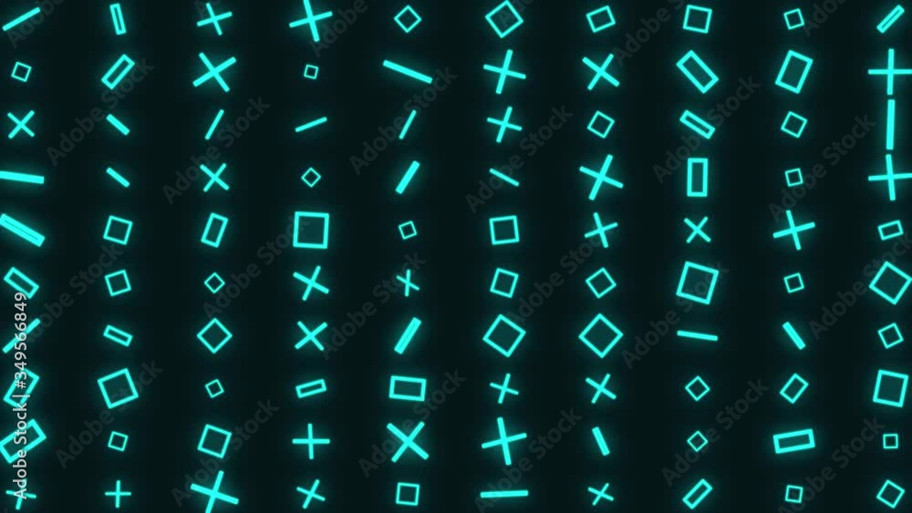 Poster neon abstract bright mosaic blue different figures. animated background particles. loopable complex 