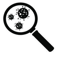 Magnifying glass, search virus icon. Coronavirus bacteria cell icon.Virus scan icon.