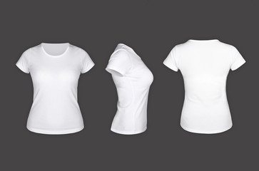 White woman t shirt template on the grey background ( front view, sideways, behind )