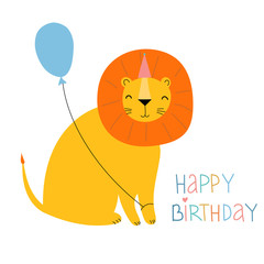 Cute cartoon lion with a balloon. Greeting card with a lion in a party hat with a balloon.Postcard, greeting card, print for children's clothing.