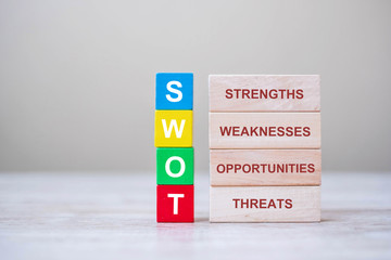 SWOT text wooden cube with Strengths, Weakness, Opportunity and Threats blocks on table background. Business and analysis concept
