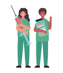 Woman and man doctor with uniform injection and medicine jar vector design