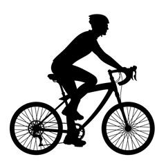 Black silhouette of a man on a bicycle on a white background