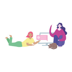 working remotely, women cartoon on floor with computer and cat