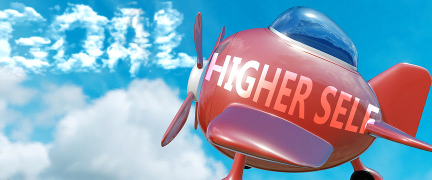 Higher self helps achieve a goal - pictured as word Higher self in clouds, to symbolize that Higher self can help achieving goal in life and business, 3d illustration