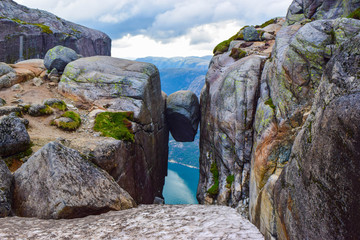 Nobody landscape of the famous Kjeragbolten. The most dangerous stone in the world. Norway.