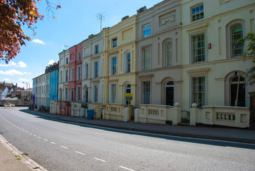 A row of colourful terraced town houses in Ipswich, UK