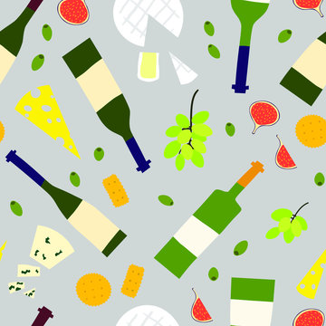 Wine And Cheese Seamless Pattern . Bottles, Brie, Blue Cheese, Cheddar, Grapes, Figs, Olives, Crackers. Gourmet Platter Party Concept. Wine Appetizers, Food Background For Celebration, Bar Menu.