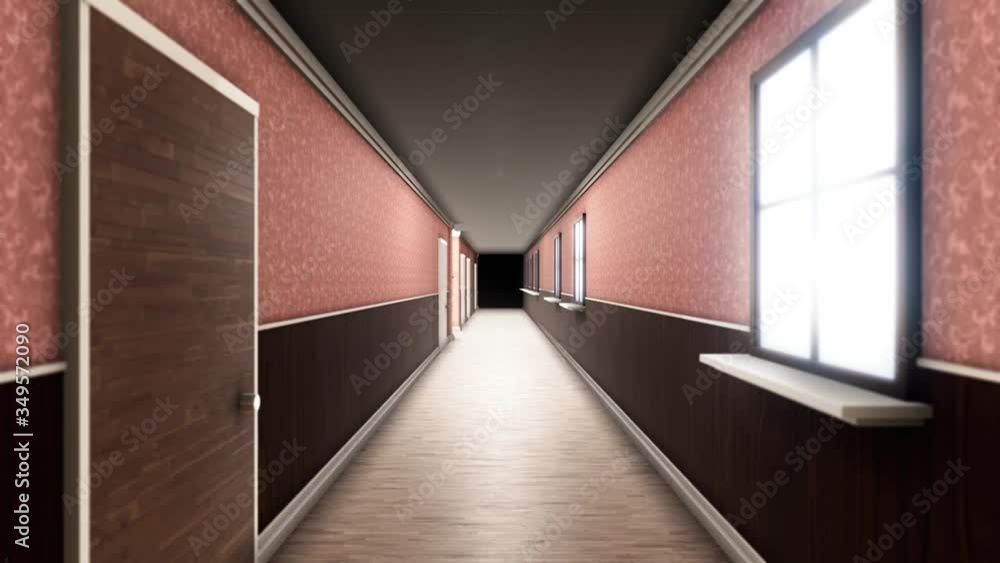 Poster abstract interior inside hotel building. animation. camera moving through the 3d model of a hall wit