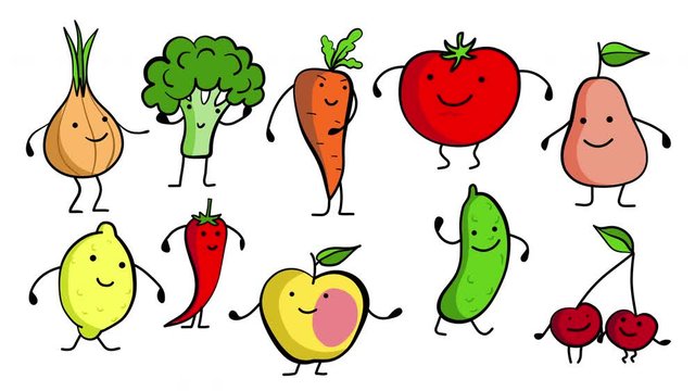 Cartoon animation set dancing fruits and vegetables isolated on white background. 4k
