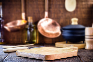 Culinary mockup, template and background of rustic Brazilian cuisine, with space for text. Empty kitchen board, advertising use.
