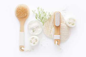 Naklejka na ściany i meble Top view of natural skincare and spa cosmetic products on white background. Beauty concept