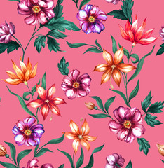 Obraz premium Bright fashion beautiful watercolor textile pattern with pink rose flowers, lily flowers on a pink background.