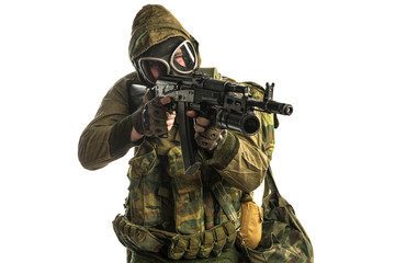 post-apocalyptic soldier. shot in studio. isolated on white background