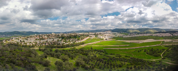 Fototapeta na wymiar Wide panorama of the southern districts of Beit Shemesh