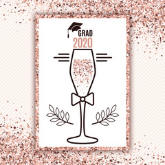 Grad 2020 class of with glass of champagne, hat, bow on striped background and scattered confetti in rose gold colors for greeting card, invitation, banner, poster, postcard. All isolated and layered