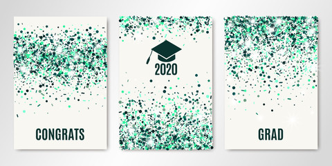 Class of Grad 2020 greeting cards. Banners set with emerald confetti on white. Vector flyer design templates for graduate party invitations, design certificates. All isolated and layered