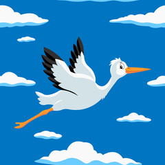 Seamless pattern, storks flying in the sky. Hand drawn illustration great for wallpaper, textile and texture design. Kids design, fabric, wrapping, apparel.