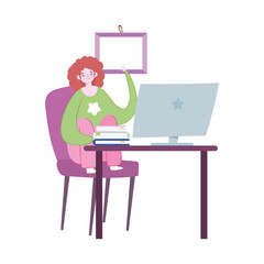 working remotely, woman in chair with desk computer books