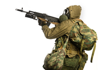 post-apocalyptic soldier. shot in studio. isolated on white background