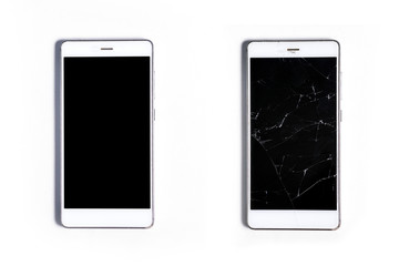 Two modern mobile touch smartphones. Whole and with a broken glass screen, isolated on a white...