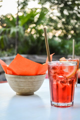 Glass of spritz cocktail close up - Spritz is a wine-based cocktail served as an aperitif in Italy.