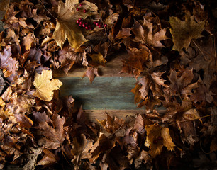 Background with yellow dry autumn foliage on a wooden table