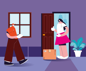 delivery man in the face mask leaves the box at the safe distance