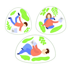 Men, women in their personal space lead a healthy lifestyle. Vector environmental illustration.