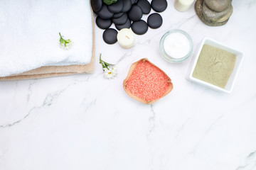 Spa Background. Natural, Organic spa cosmetics products, eco friendly accessories.