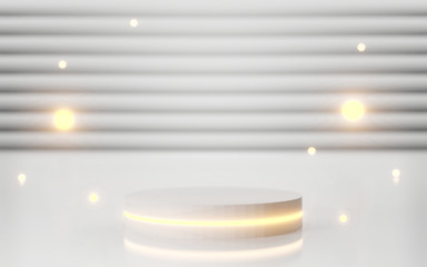 3d white podium abstract background with neon shining light for banner, display on website. Round pedestal isolated on white background with glow light. luxury minimal interior. White cylinder.