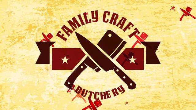 military fancy family craftsmanship murder corporate identity with butcher cutlery crossed under western like medal on cardboard texture scene