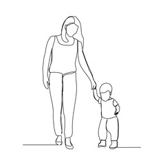 Continuous line drawing of happy mom and chlid walk together. Single line art of small family. Vector illustration