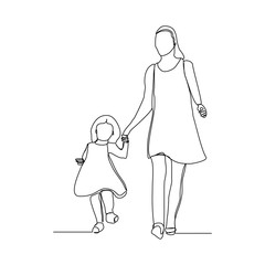 Continuous line drawing of happy mom and chlid. Single line art of small family. Vector illustration