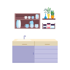 kitchen interior cupboard tableware in shelf, carpet and plants design