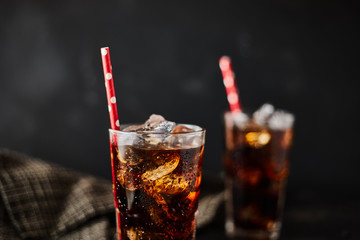 Close up glass of refreshing cola.