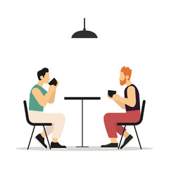 People in a cafe or restaurant are sitting at the table. Talking with drinks. Flat style. Vector illustration
