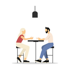 People in a cafe or restaurant are sitting at the table. Talking with drinks. Flat style. Vector illustration
