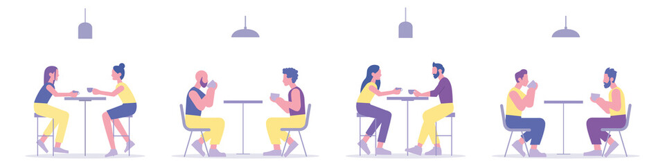 People in a cafe or restaurant are sitting at the table. Talking with drinks. Flat style. Vector illustration
