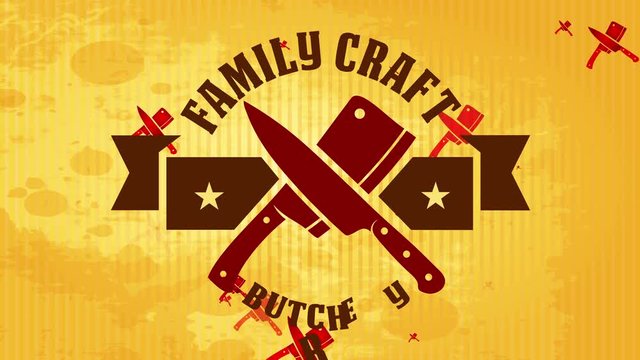 family handiwork butchery supply selling high fancy meat with hippie illustration over discolored aged cardboard background