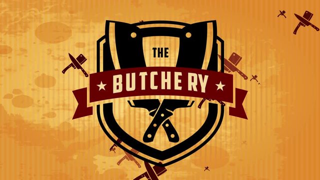 the killing marketing concept for trademark with individual emblem junction meat cutlery over stained paper texture space