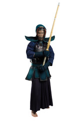 Portrait of man kendo fighter with shinai (bamboo sword). Shot in studio. Isolated with clipping path on white background